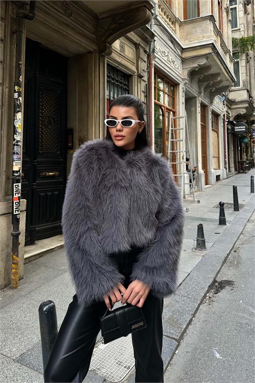 Kadın Antrasit Yumuşak Dokulu Kısa Kürk Mont ESR008 