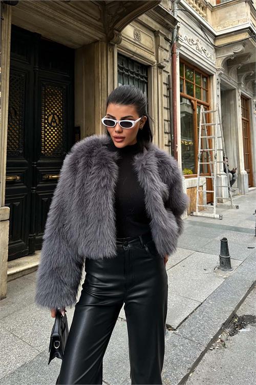 Kadın Antrasit Yumuşak Dokulu Kısa Kürk Mont ESR008 