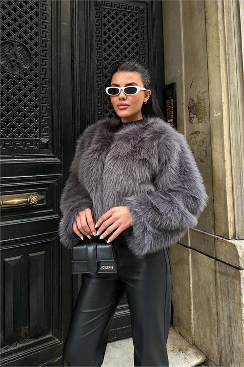 Kadın Antrasit Yumuşak Dokulu Kısa Kürk Mont ESR008 