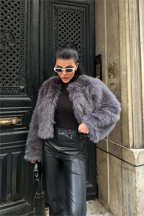 Kadın Antrasit Yumuşak Dokulu Kısa Kürk Mont ESR008 