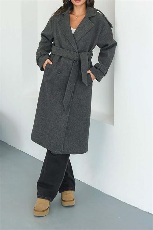 Kadın Antrasit Kuşaklı Rahat Kalıp Astarlı Kaban | Şık Model ESR002 