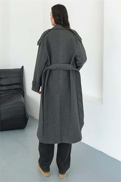 Kadın Antrasit Kuşaklı Rahat Kalıp Astarlı Kaban | Şık Model ESR002 