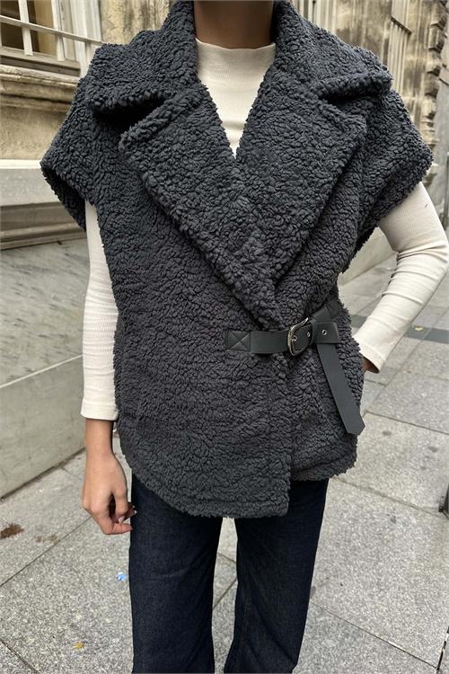 Kadın Antrasit Peluş Yelek Kemer Detaylı Oversize ESR026 