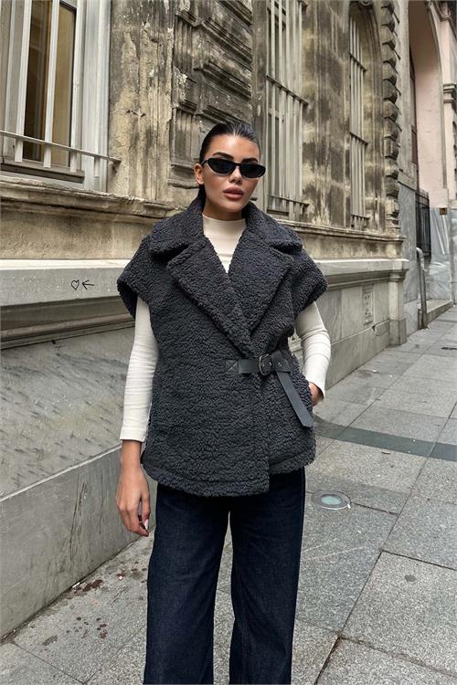 Kadın Antrasit Peluş Yelek Kemer Detaylı Oversize ESR026 