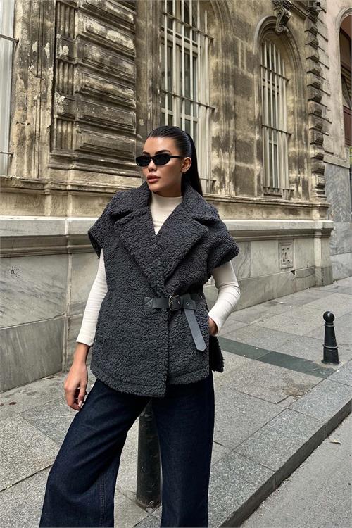 Kadın Antrasit Peluş Yelek Kemer Detaylı Oversize ESR026 