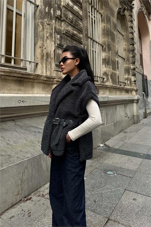 Kadın Antrasit Peluş Yelek Kemer Detaylı Oversize ESR026 