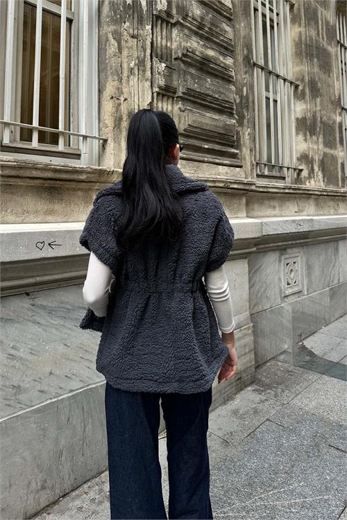 Kadın Antrasit Peluş Yelek Kemer Detaylı Oversize ESR026 