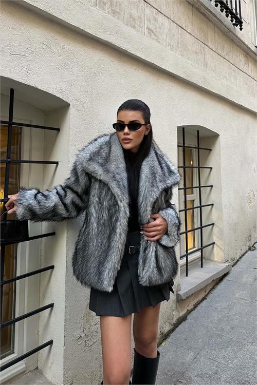 Kadın Antrasit Oversize Kürk Kaban Çıtçıtlı Cepli Astarlı ESR014 