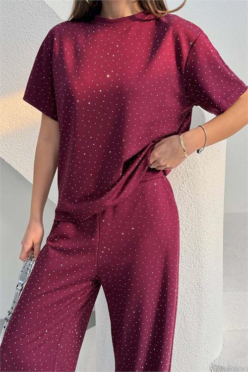 Kadın Bordo Modal Kumaş Taş Detaylı Pantolon Tişört Takım ESR044 