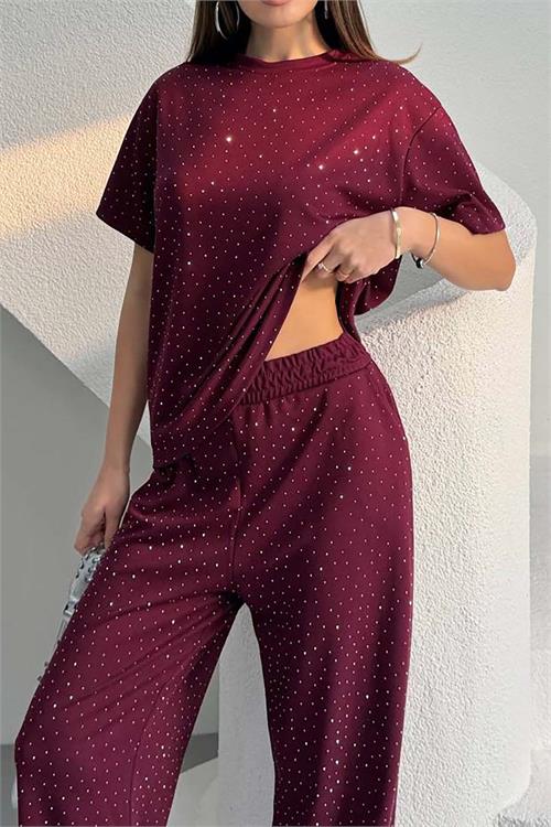 Kadın Bordo Modal Kumaş Taş Detaylı Pantolon Tişört Takım ESR044 