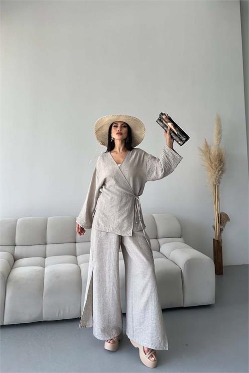 Kadın Bej Keten Kumaş Yan Bağlamalı Takım ESR087 