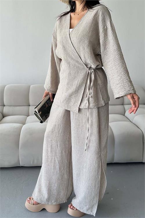 Kadın Bej Keten Kumaş Yan Bağlamalı Takım ESR087 