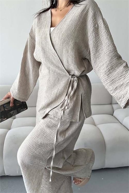 Kadın Bej Keten Kumaş Yan Bağlamalı Takım ESR087 