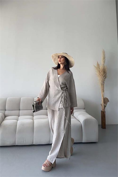 Kadın Bej Keten Kumaş Yan Bağlamalı Takım ESR087 