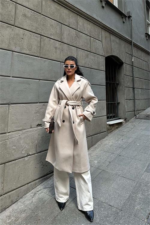 Kadın Bej Kuşaklı Rahat Kalıp Astarlı Kaban | Şık Model ESR002 