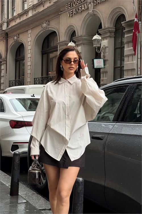 Kadın Bej Oversize Gömlek Uzun Kollu Tasarım Model ESR078