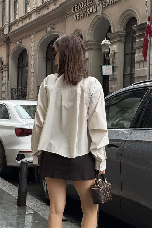 Kadın Bej Oversize Gömlek Uzun Kollu Tasarım Model ESR078