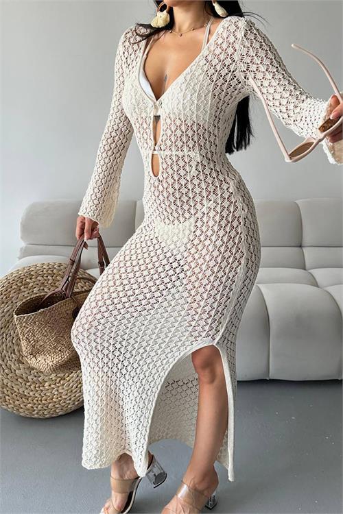 Kadın bej inci detaylı maxi boy triko pareo XXLML28 