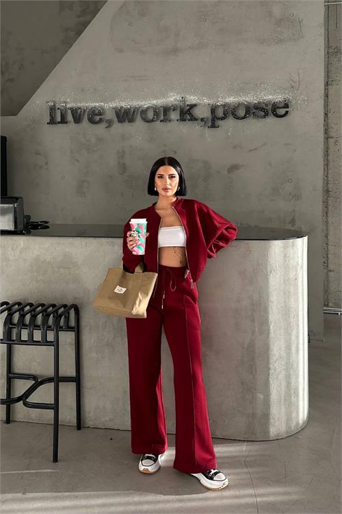 Kadın bordo kışlık cepli eşofman takımı X-NBHS001 