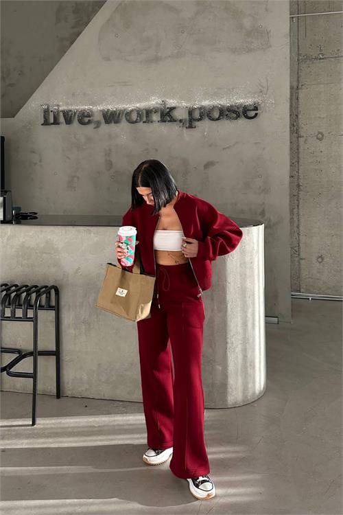 Kadın bordo kışlık cepli eşofman takımı X-NBHS001 