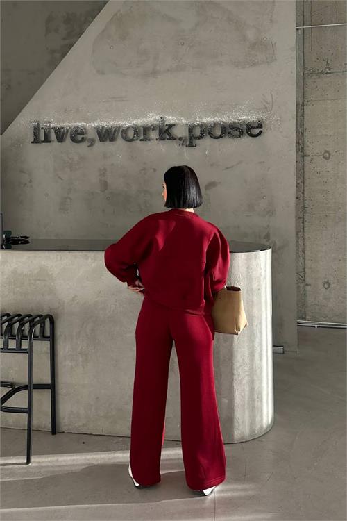 Kadın bordo kışlık cepli eşofman takımı X-NBHS001 