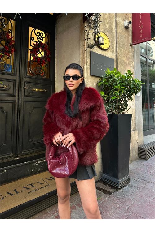 Kadın Bordo Oversize Suni Kürk Çıt Çıtlı Astarlı Kaban ESR003 