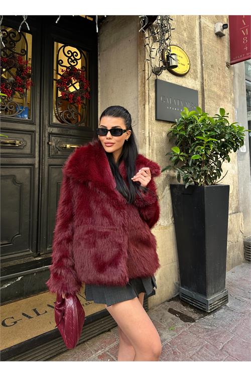 Kadın Bordo Oversize Suni Kürk Çıt Çıtlı Astarlı Kaban ESR003 