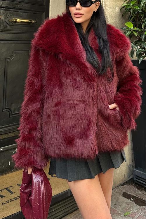 Kadın Bordo Oversize Suni Kürk Çıt Çıtlı Astarlı Kaban ESR003 