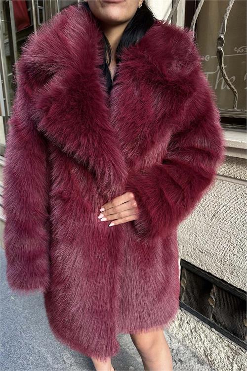 Kadın Bordo Kürk Kruvaze Yaka Düğmeli Oversize Mont ESR001 