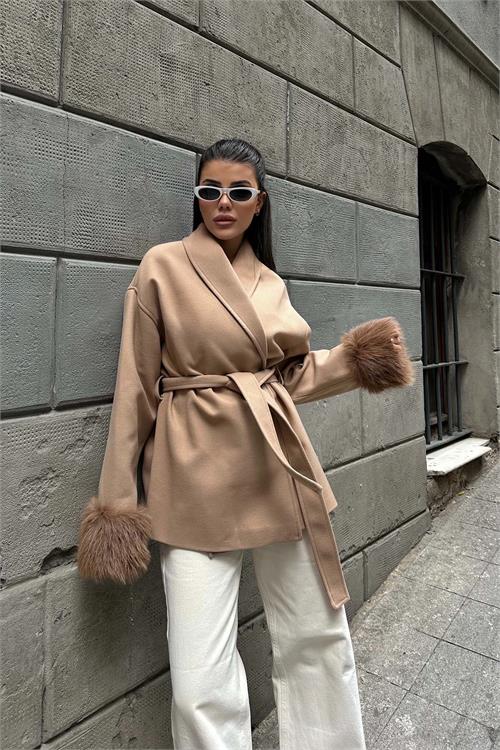 Kadın Camel Kürk Detaylı Rahat Kalıp Astarlı Kaşe Kaban ESR006 