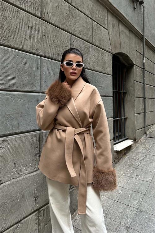 Kadın Camel Kürk Detaylı Rahat Kalıp Astarlı Kaşe Kaban ESR006 