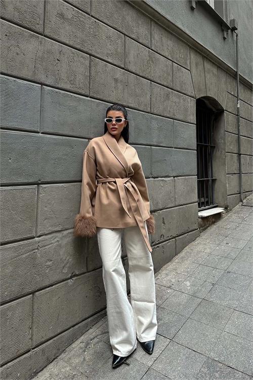 Kadın Camel Kürk Detaylı Rahat Kalıp Astarlı Kaşe Kaban ESR006 