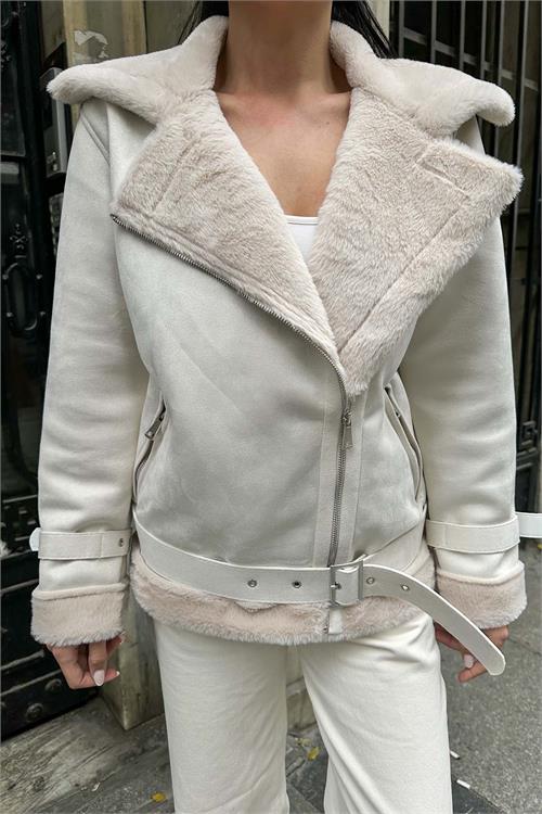 Kadın Ekru İçi Kürk Kemerli Süet Ceket ESR007 