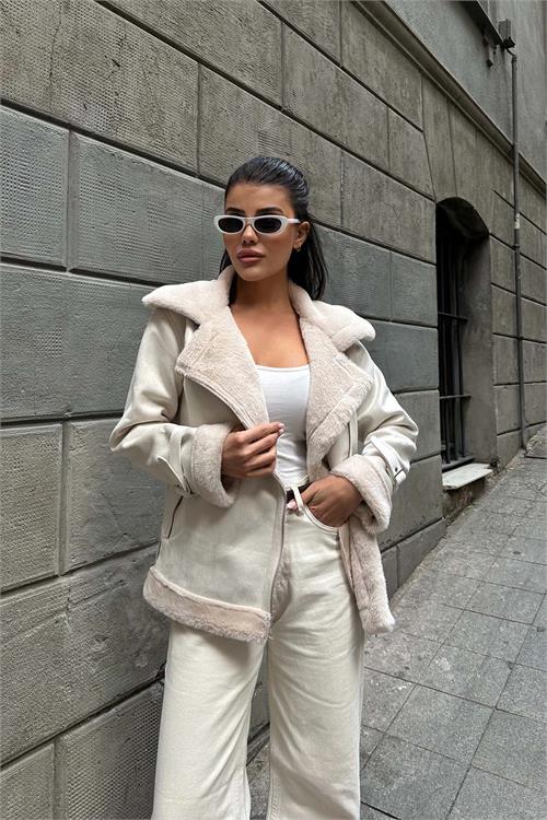 Kadın Ekru İçi Kürk Kemerli Süet Ceket ESR007 