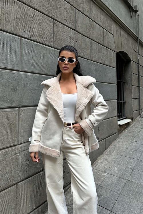 Kadın Ekru İçi Kürk Kemerli Süet Ceket ESR007 
