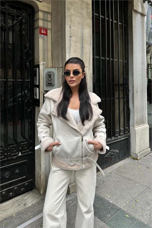 Kadın Ekru İçi Kürk Kemerli Süet Ceket ESR007 