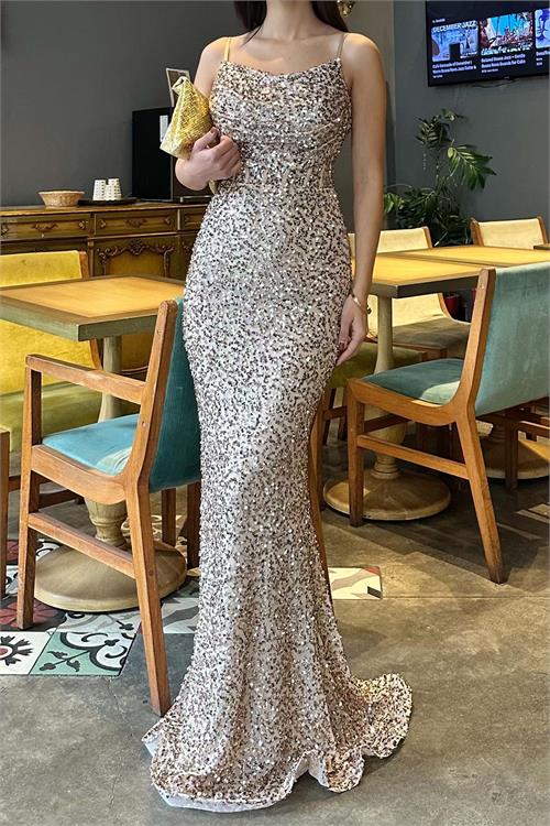 Gold Pul Payetli Uzun Abiye Elbise | Astarlı Şık Gece Elbisesi ESR033 