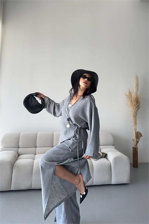 Kadın Antrasit Keten Kumaş Yan Bağlamalı Takım ESR087 