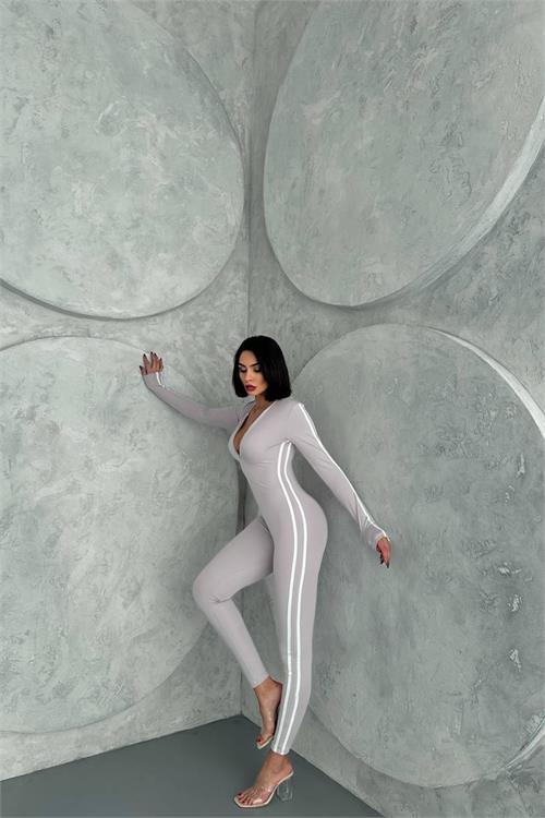 XXL Butik kadın gri fermuar detaylı tulum X-NBDF098 