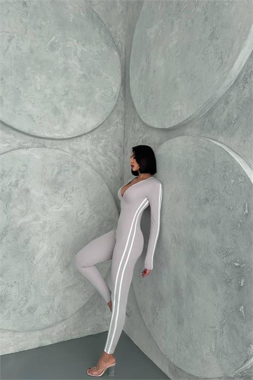 XXL Butik kadın gri fermuar detaylı tulum X-NBDF098 