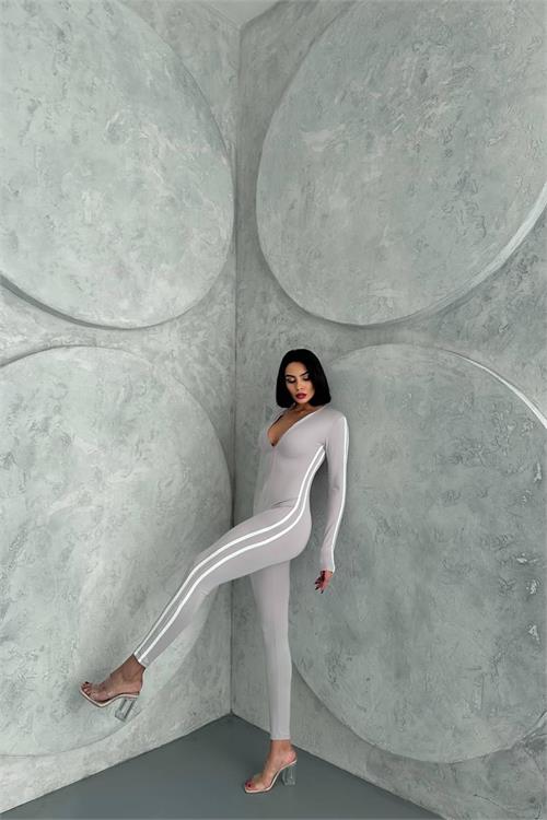 XXL Butik kadın gri fermuar detaylı tulum X-NBDF098 