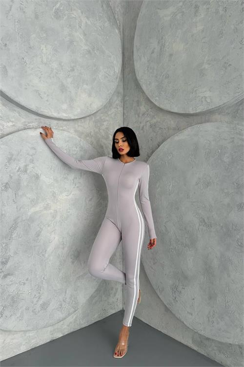 XXL Butik kadın gri fermuar detaylı tulum X-NBDF098 