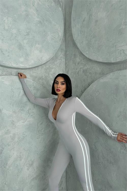 XXL Butik kadın gri fermuar detaylı tulum X-NBDF098 