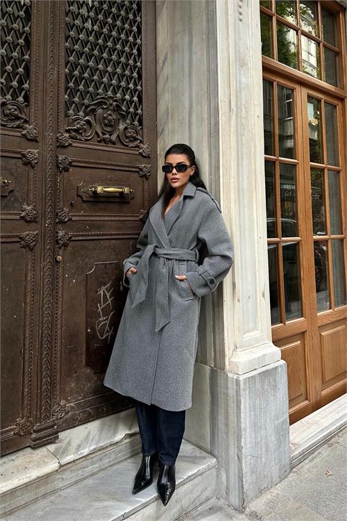 Kadın Gri Kuşaklı Rahat Kalıp Astarlı Kaban | Şık Model ESR002 