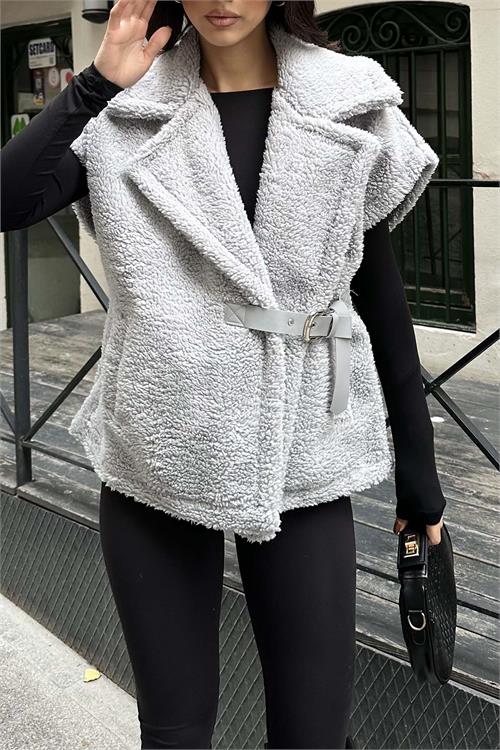 Kadın Gri Peluş Yelek Kemer Detaylı Oversize ESR026 