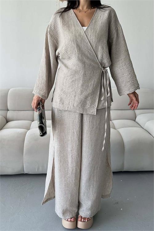 Kadın Bej Keten Kumaş Yan Bağlamalı Takım ESR087 