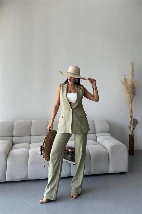 Kadın Haki Keten Kumaş Yelek Pantolon Takım ESR086 