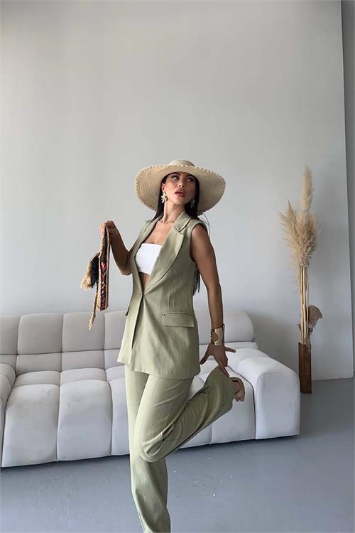 Kadın Haki Keten Kumaş Yelek Pantolon Takım ESR086 