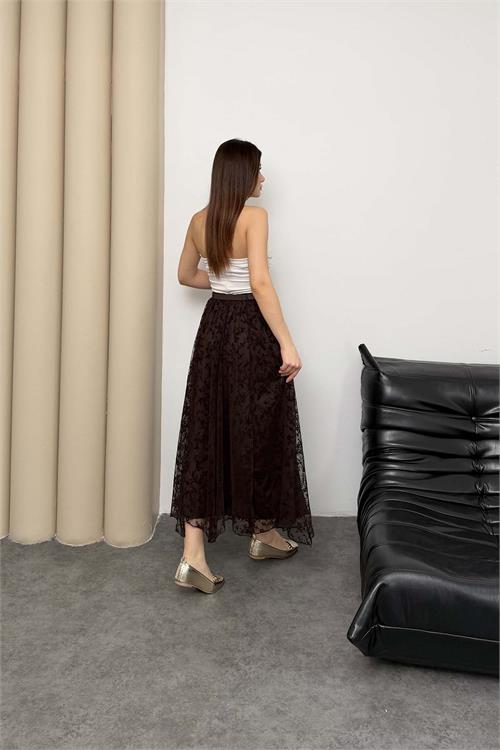 Kadın Kahverengi Astarlı Tüllü Midi Etek Kemerli Şık Tasarım ESR082 
