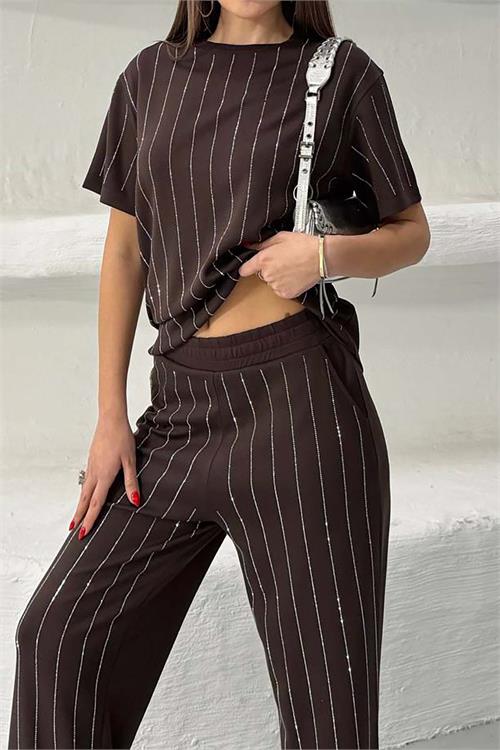 Kadın Kahverengi Çizgili Taş Detaylı Pantolon Tişört Takım ESR028 